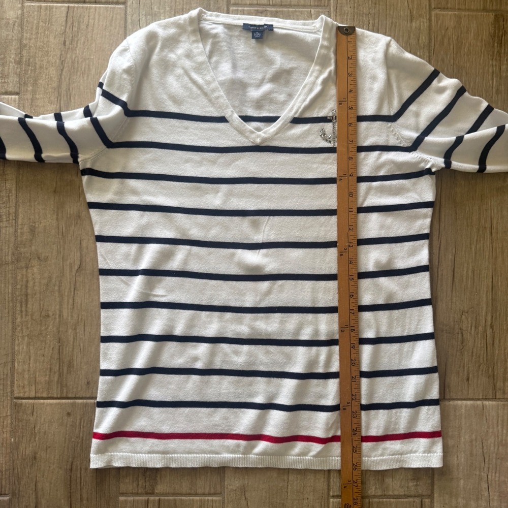 Tommy Hilfiger Womens XL White Striped V-Neck Sweater Rhinestone Anchor Nautical - Picture 8 of 11